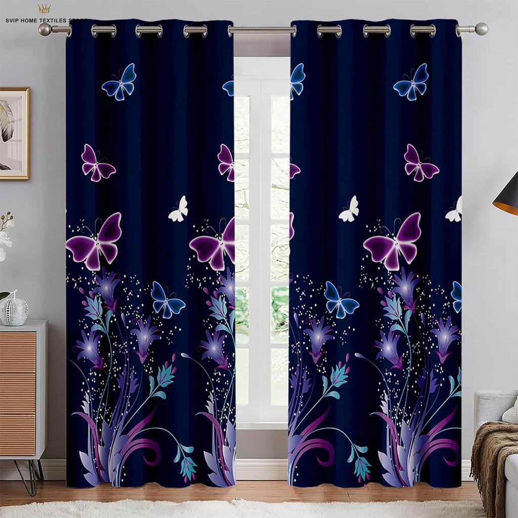 Butterfly Floral Watercolor Print Curtains, Decorative Curtains, Bedroom, Living Room, Study Room, Can Be Customized, 2 PCs