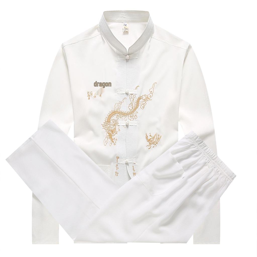 Herbst-Tang-Anzug für Herren: Besticktes Froschknopf Stehkragen Langarm Tai Chi Hemd Set