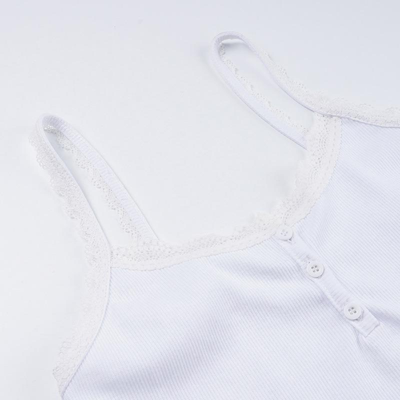 Damen Frühling und Sommer Einfarbig Quadratischer Ausschnitt Knopf Strick Sanfter Wind Spitze Spleißen Kleine Camisole Weste