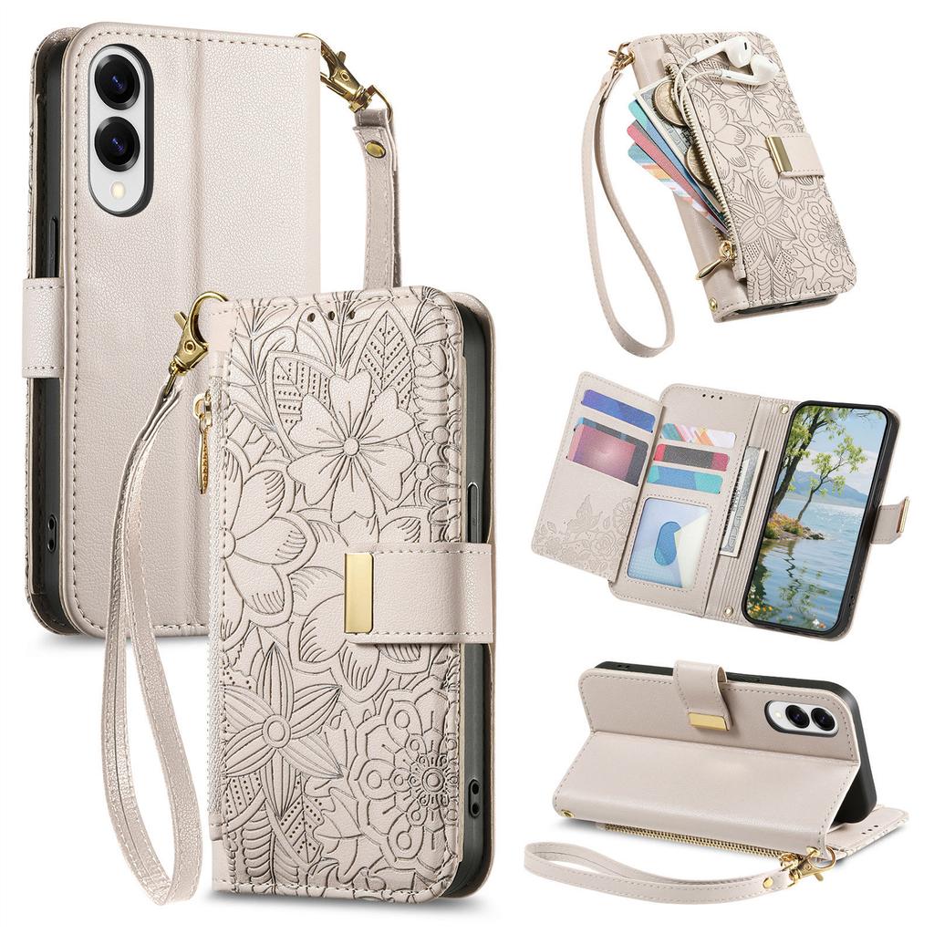 For Samsung Galaxy S25 Kantdeksel Blomstermønster Flere Kortplasser Glidelås Skinn Telefondeksel med Håndleddsstropp