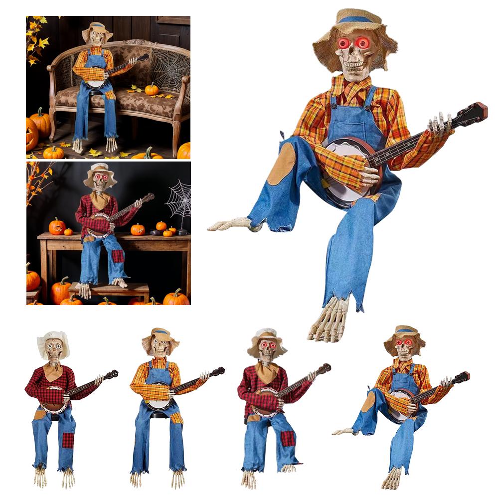 2025 Halloween Dueling Banjo Skeletons Spooky Singing Cowboy Skull Guitar Statue Desktop Ornament Halloween Decorations