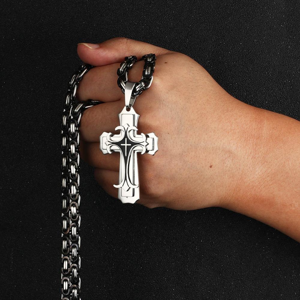 Vintage Stainless Steel Fleur-de-lis Cross Necklaces Pendants Long Byzantine Chain Necklaces Men Jewelry NC07