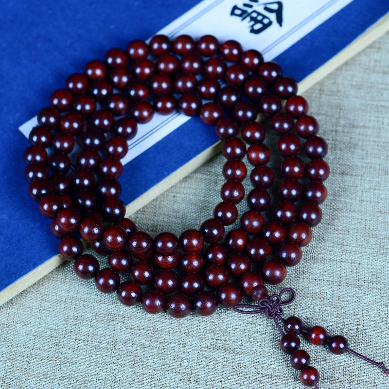Zambia Rosewood & Blood Sandalwood Bracelet - 108 Beads Rosary with Gold Star & Pterocarpus Santalinus Buddhist Prayer String