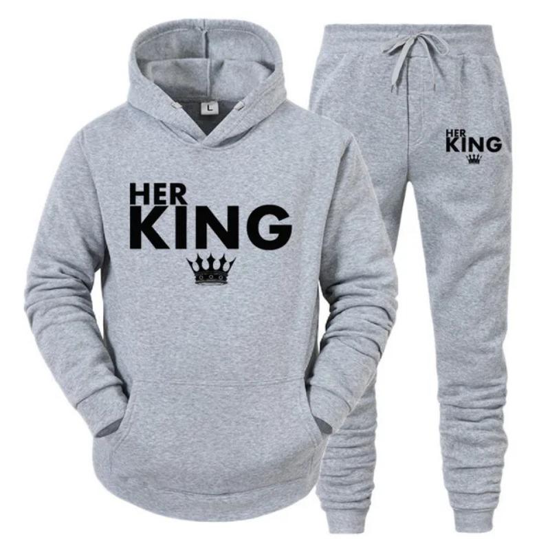 Lover Her QUEEN or His KING Printed Tracksuits Couple Hoodies Outfit Suits Casual Hooded Sweatshirt + Sweatpants Two Piece Set Sport Wear Men’s