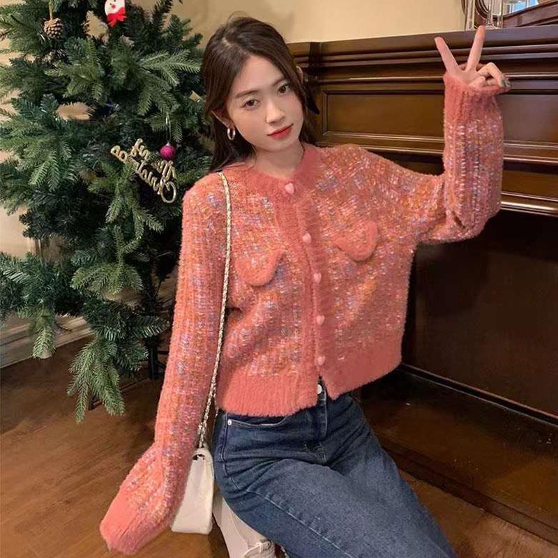 Koreanisch inspirierter Herbst- & Winter-Colorblock-Casual-Strickcardigan, locker, einreihig geknöpft, eleganter Langarmpullover