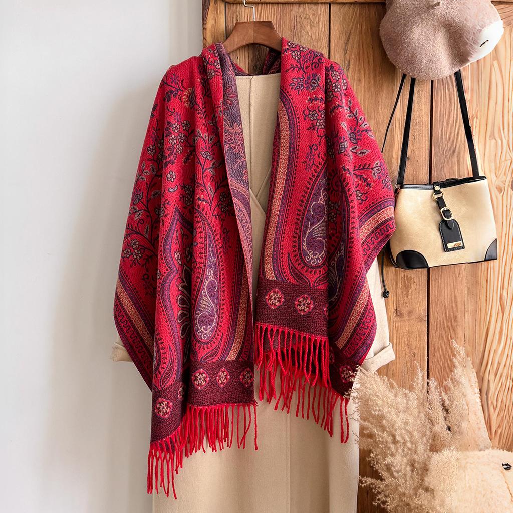 Fashion Women'S Winter Cashmere Shawl - Vintage Floral Printed Tasseled Oil Painting Style Pashmina Thick Wrap & Echarpe