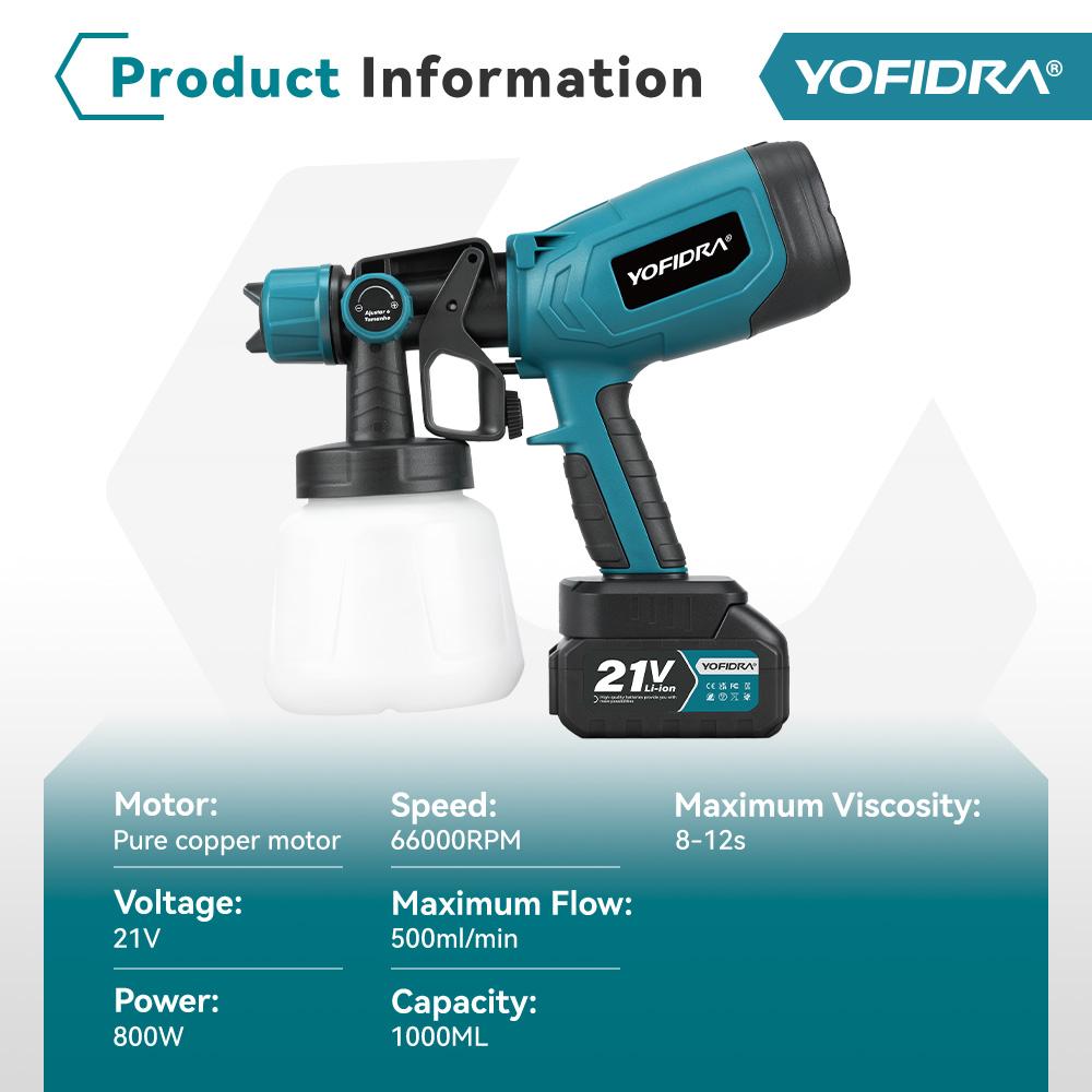 Yofidra 1000ML Electric Spray Paint Gun Home Cordless Sprayer Auto Furniture Steel Coating Airbrush For Makita 21V Battery Pin