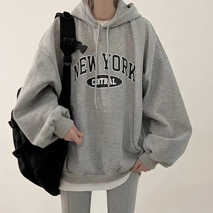 Fleece and thicker Korean version of niche casual hooded sweater women's ins lazy style design sense letter printing women's coat