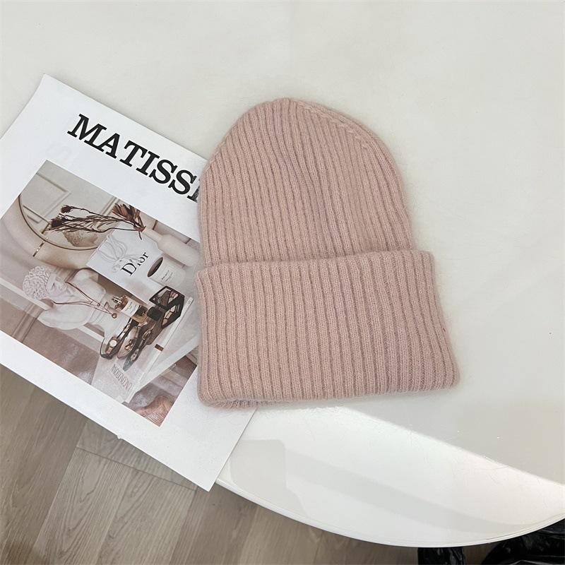 Angora Rabbit Hair Curled Brimless Wool Hat Women Autumn and Winter Warm Striped Fashion Knitted Pullover Cold Hat