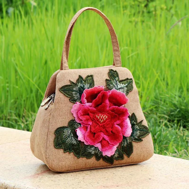 WTEMPO Ethnic Style Women's Zipper Handbags Hand-held Peony Flower Versatile Embroidery Flower Handbags Women's Handbag