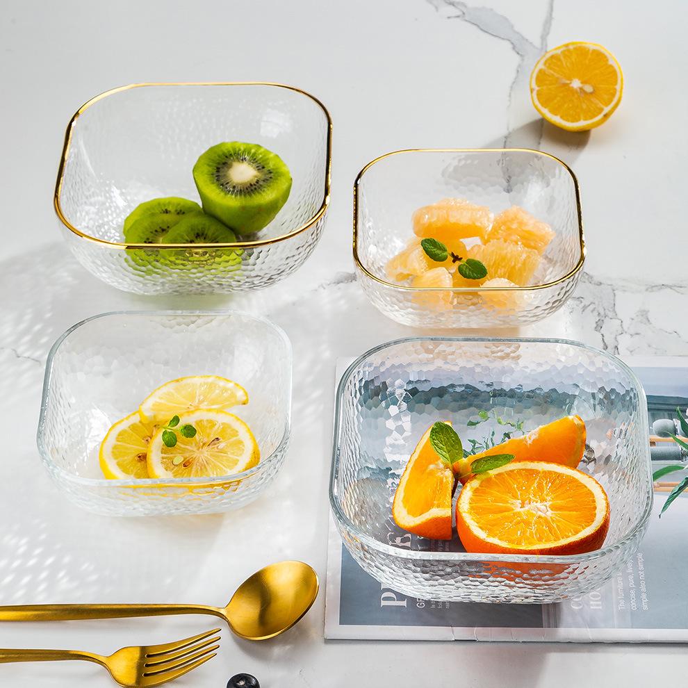 Simple Hammered Glass Square Bowl for Salad, Fruit, Dessert, and Storage