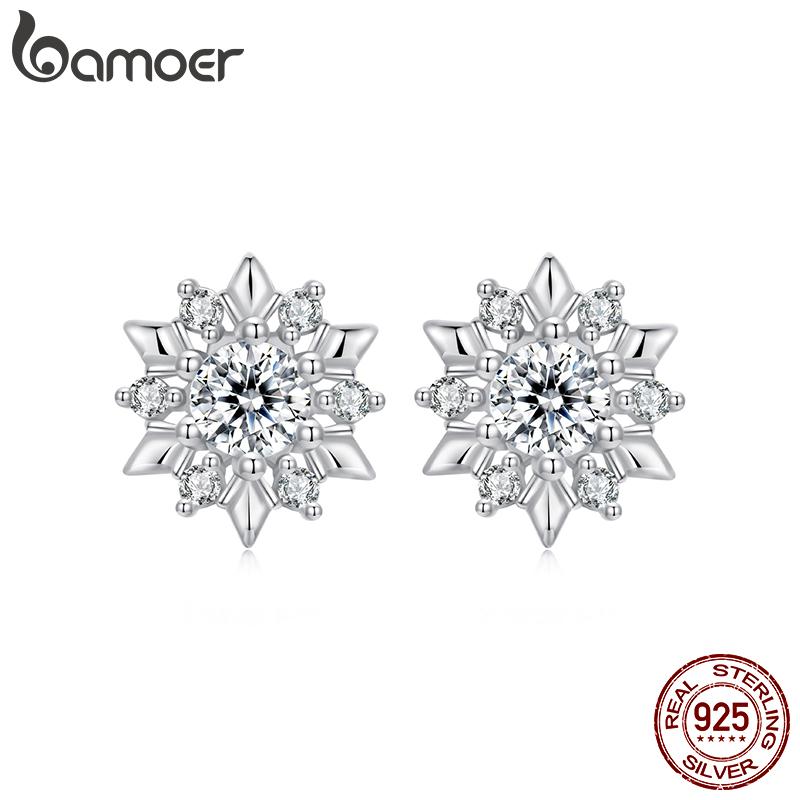 BAMOER 925 Sterling Silver Shining Ice Flower Stud Earrings Paved CZ Snowflakes Halo Earrings for Women Sparkling Winter Gift