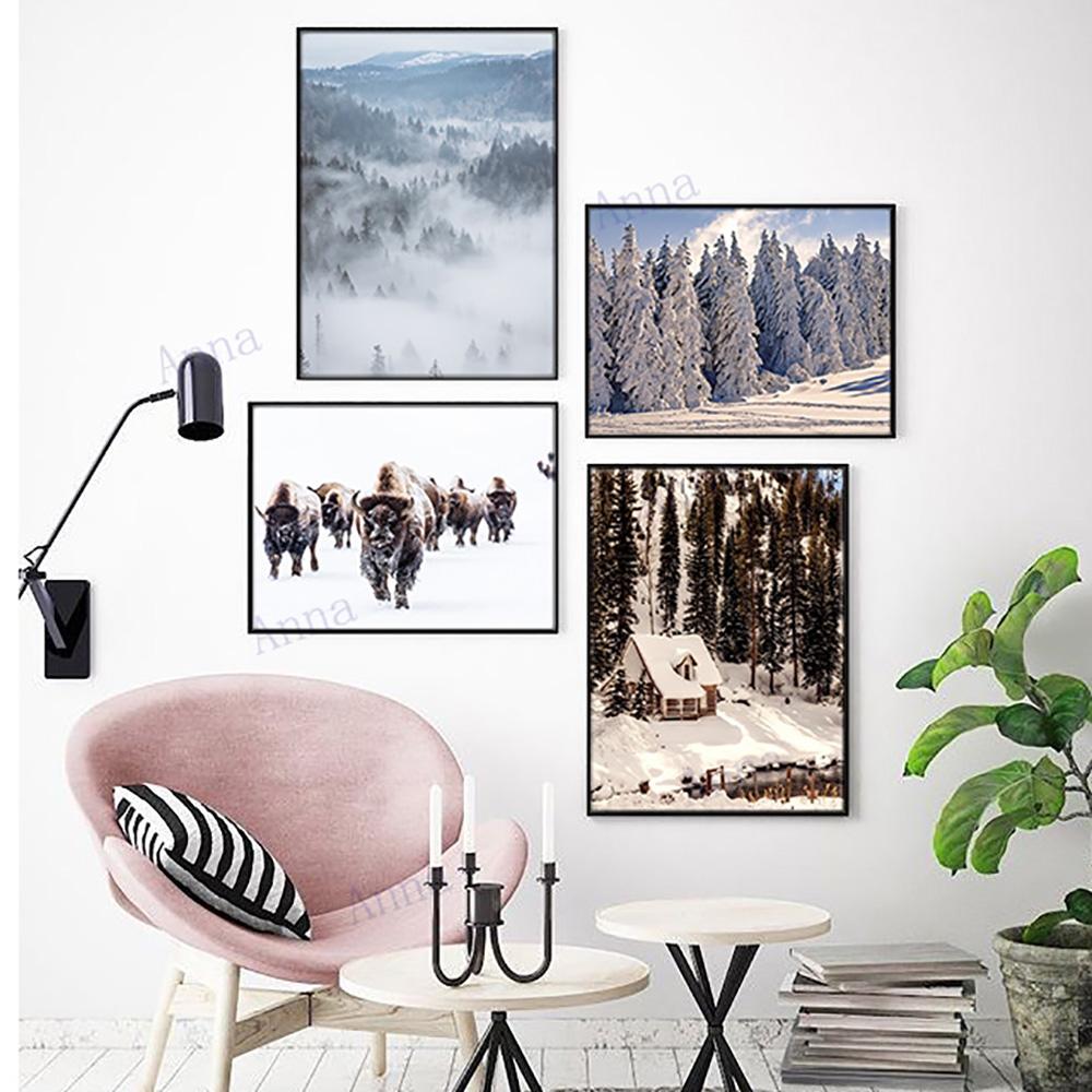 Christmas Home Decor Poster Winter Farmhouse Bison Paintings Pine Picture Scandinavian Wall Art Canvas Painting Living Room Deco