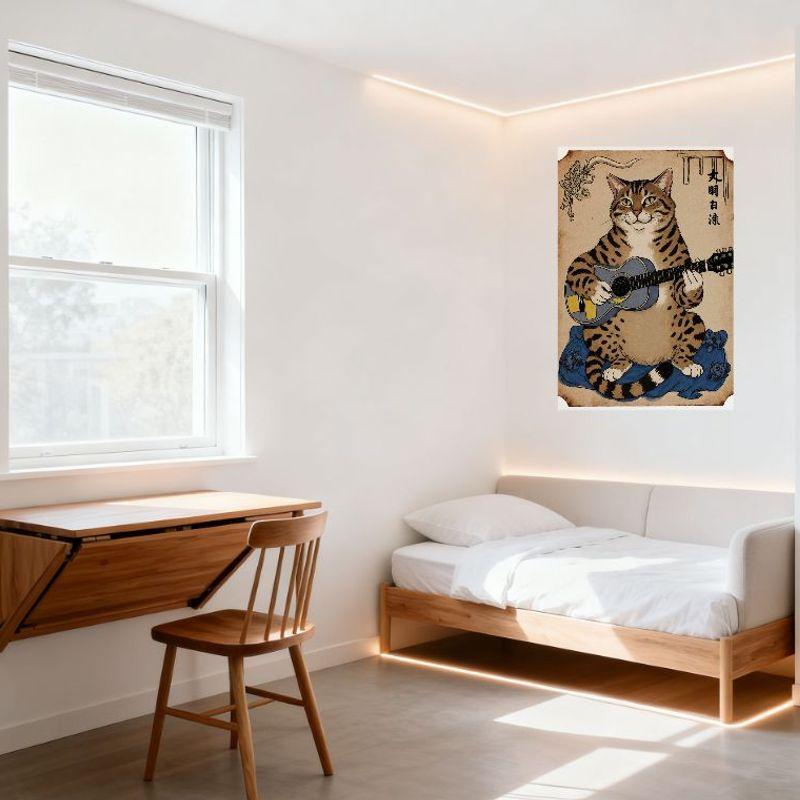 Sexy Vintage Plump Tabby Cat with Guitar Tin Sign, Whimsical Floral Background Japanese Kanji Metal Wall Decor for Bar Home Art