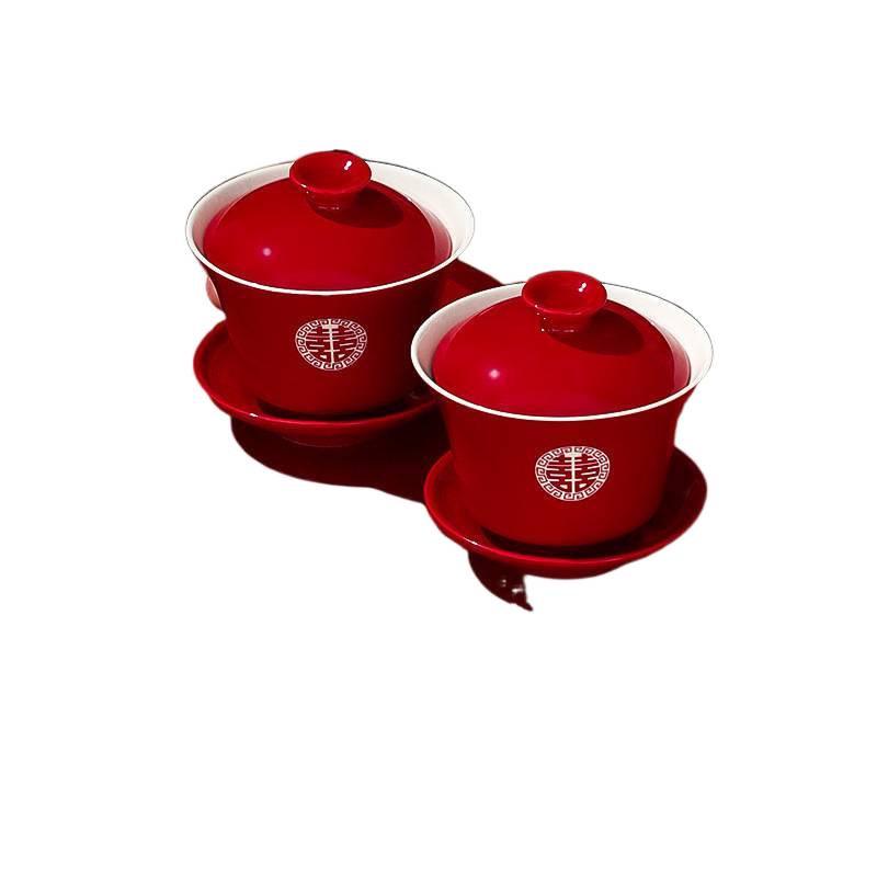 Wedding Red Tea Set: Happy Bowls, Cups, & Chopsticks Duo for Toasting & Dowry Collection