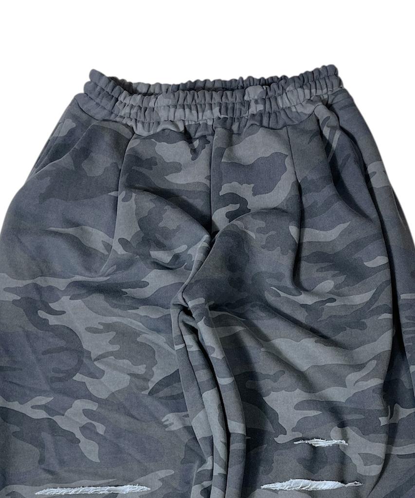 SK8ER ROCK Cut Off Camouflage Sweat Wide Pants ((Gray))