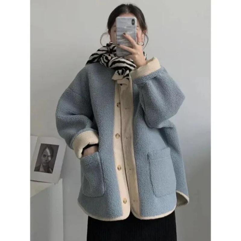 Winter Thick Contrasting Retro Loose Women's Clothing Round Neck Mid Length Cardigan Trend All-match Chic Coats