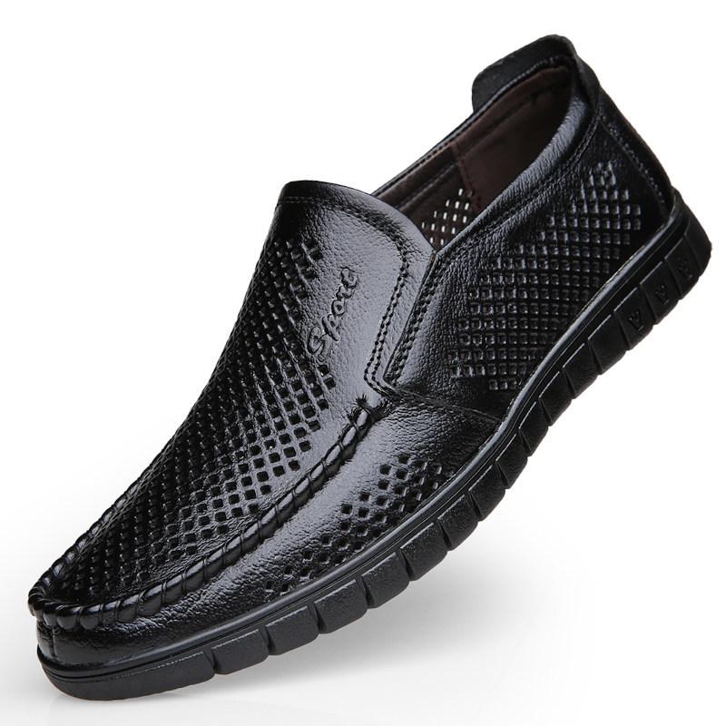 Men's Summer Breathable Leather Sandals - Hollow Out Design, Soft Sole, Cowhide for Middle-Aged & Elderly.