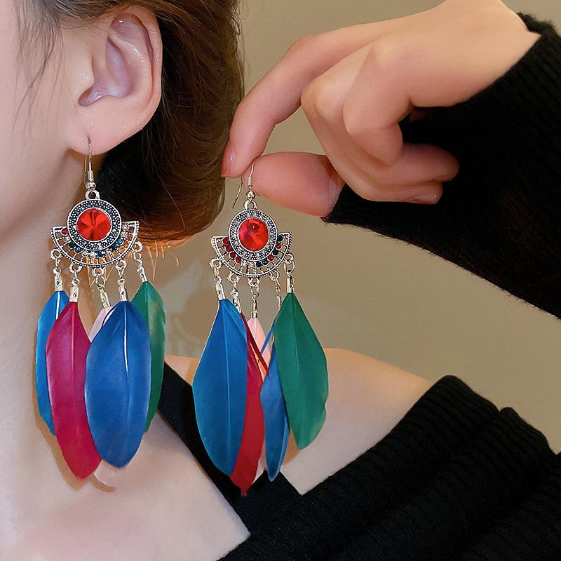 Bohemian ethnic style fringed earrings long niche woven feather earrings new travel wear earrings women