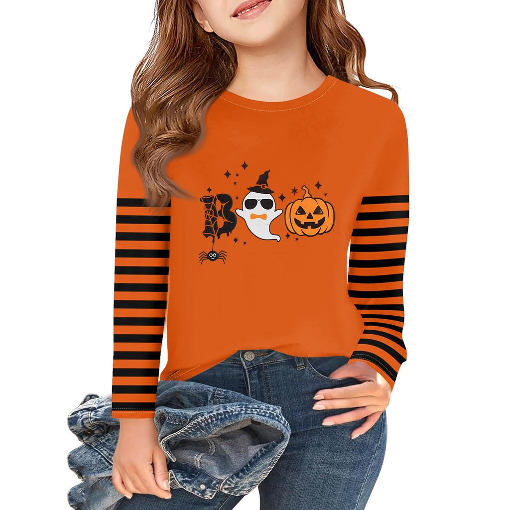 Jenter Langermet Halloween Dag T-skjorter Barn Høst Topper Rund hals Basic T-skjorter 2-11Å