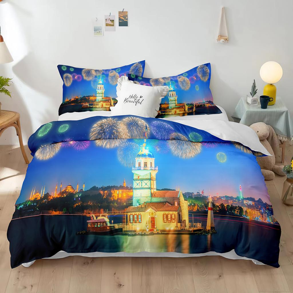 Blue Fireworks Duvet Cover Set 3D Romantic Theme Beautiful City Night New Year Festival Accessories for Kids Teens Bedroom Decor