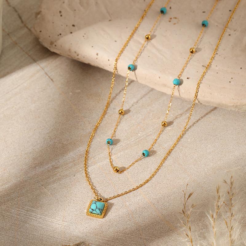 European and American new double-layer turquoise pendant necklace women's fashion versatile O-chain collarbone chain stainless steel necklace