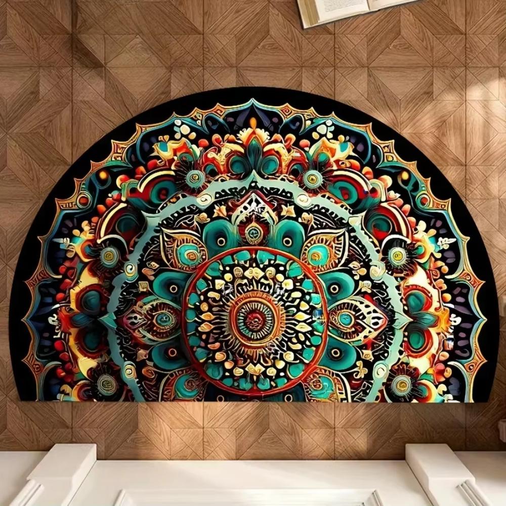Flower and Bee Theme Half Round Rug Indoor Outdoor Doormat Living Room Bedroom Bathroom Patio Home Decoration