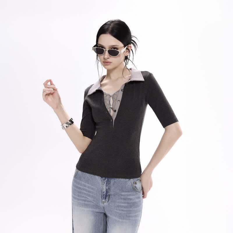 ICH MODE Women s Lace Trim Slim Fit T-Shirt L