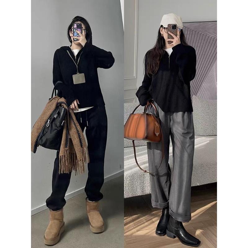 

Женский свитер с капюшоном на молнии до середины, новый зимний ленивый высококлассный ретро вязаный жакет, топ с длинными рукавами One size [recommended 80-65kg] чёрный