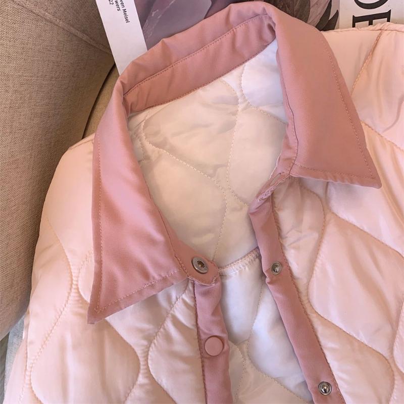 Cappotto Corto Imbottito in Cotone Caldo Autunno Inverno da Donna con Collo a Revers Trapuntato a Rombi Colore a Contrasto Stile Coreano Stile Delicato Capospalla