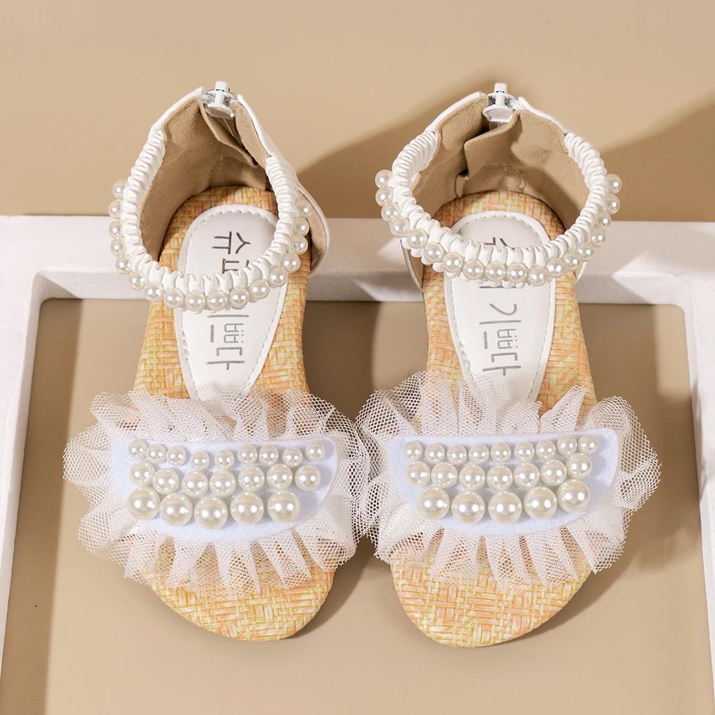 Scarpe Estive Piatte da Bambina con Rete e Perle Sandali Principessa per Bambini con Zip Posteriore Scarpe da Spiaggia per Bambina per Vacanze Suola Morbida Comode
