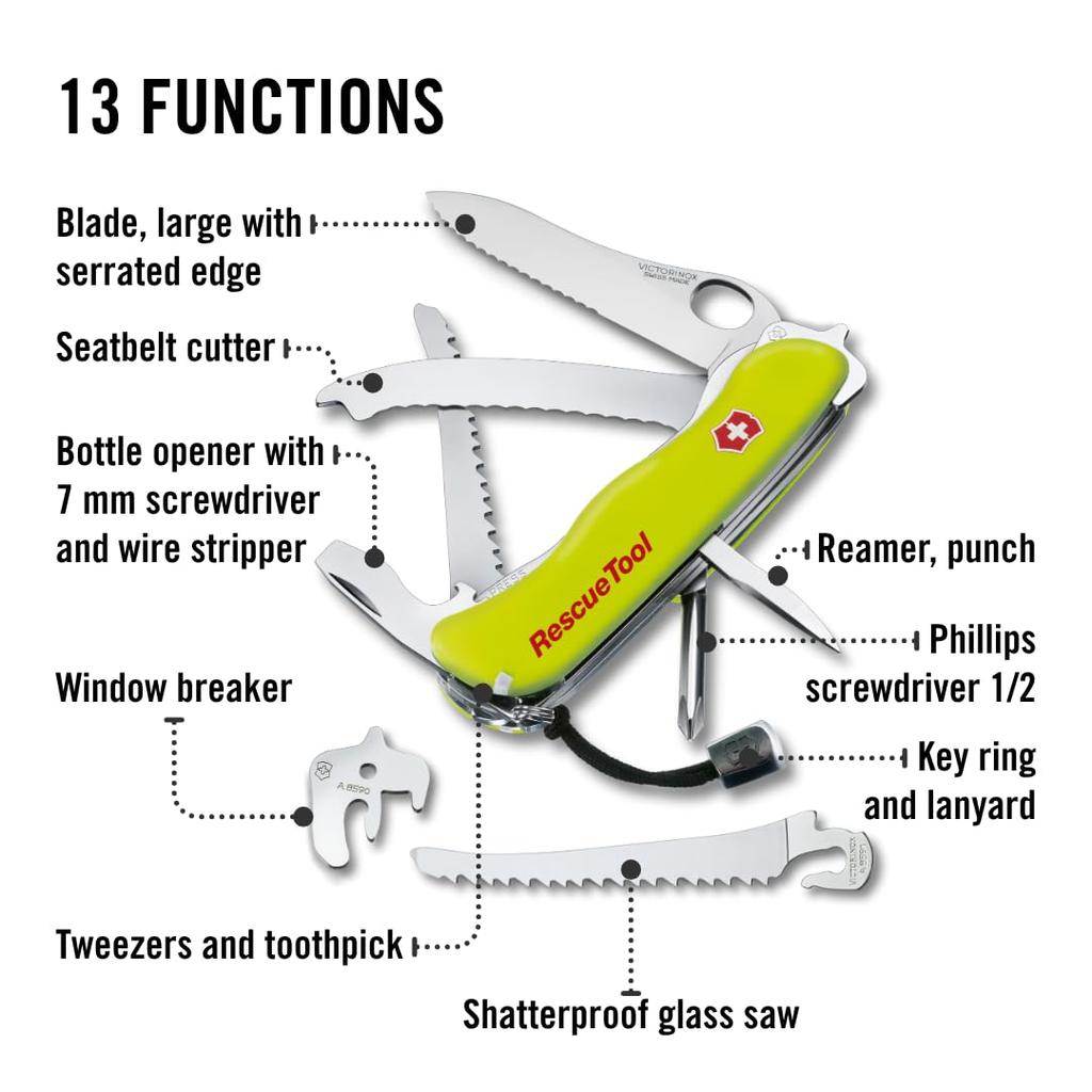 VICTORINOX Swiss Army Rescue Tool Multi-Function Knife Emergency Escape Seatbelt Cutter Glass Saw Window Breaker Nylon Case 15 Functions