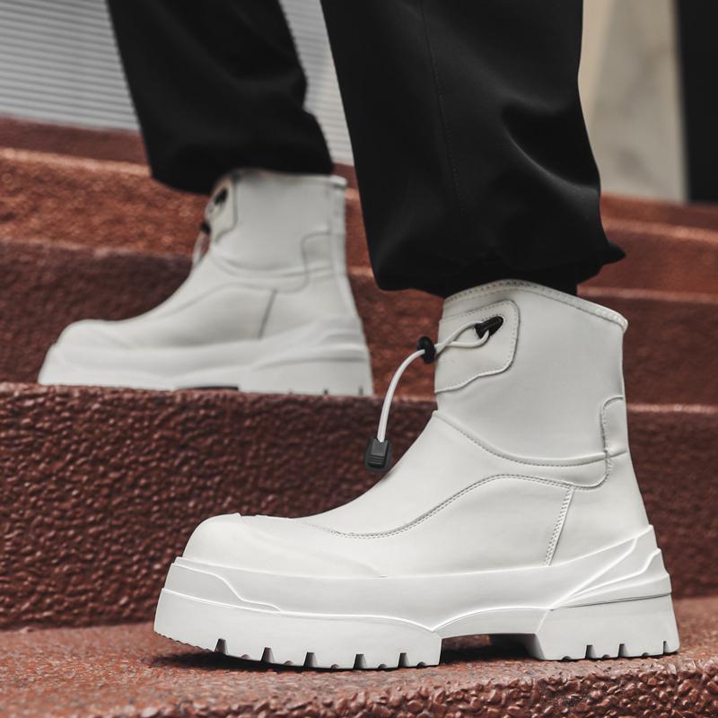 Winter Windproof Cotton Rain Boots Men Warm Ankle Fashion Black High-top Men Leather Big Head Platform Heightening Black Casual