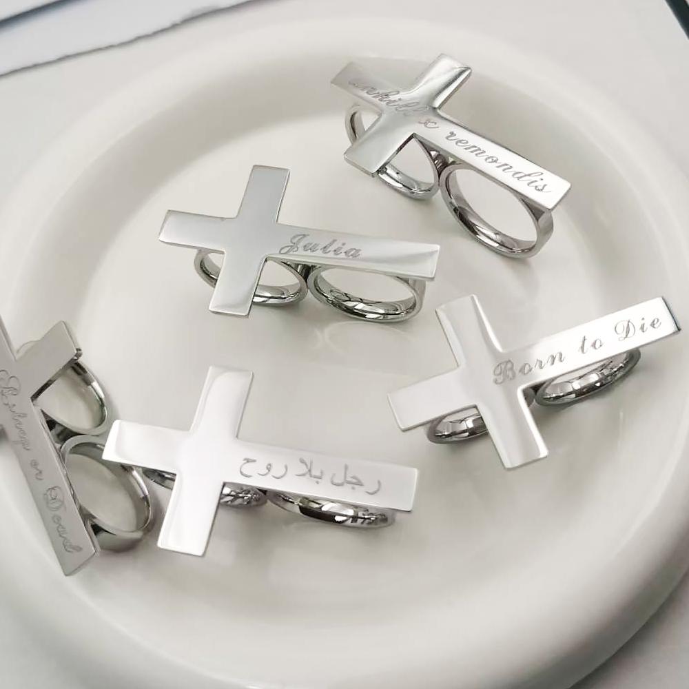 Custom Cross Ring Two Finger Ring Engraving Name Silver Stainless Steel Ring Men Knuckle Jewelry Personalized Gift for Boyfriend
