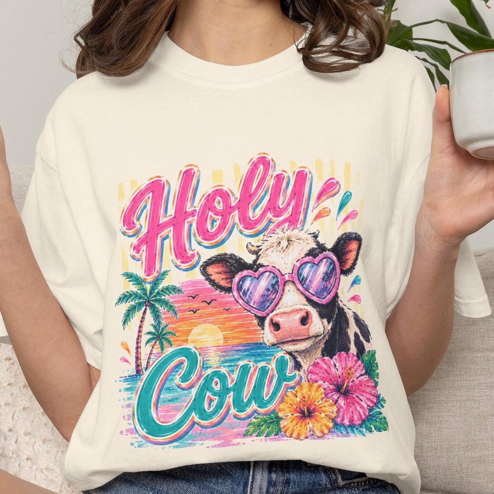 Holy Cow Shirt, Preppy Cow Graphic Tee, Cute Summer Cow Tshirt, Tropical Beach Vacation Shirt, Trendy Coquette Cow Tee for Women S