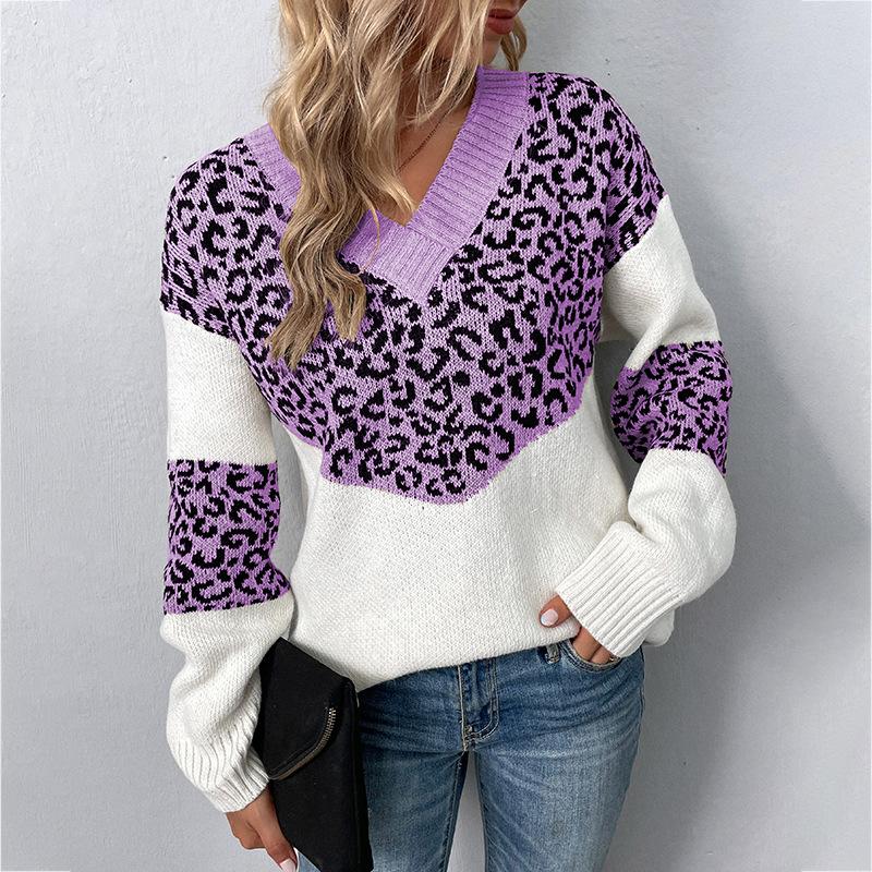 Autumn Winter Vintage Loose Long Sleeve Top Leopard Cardigan Knitwear V-Neck Sweater