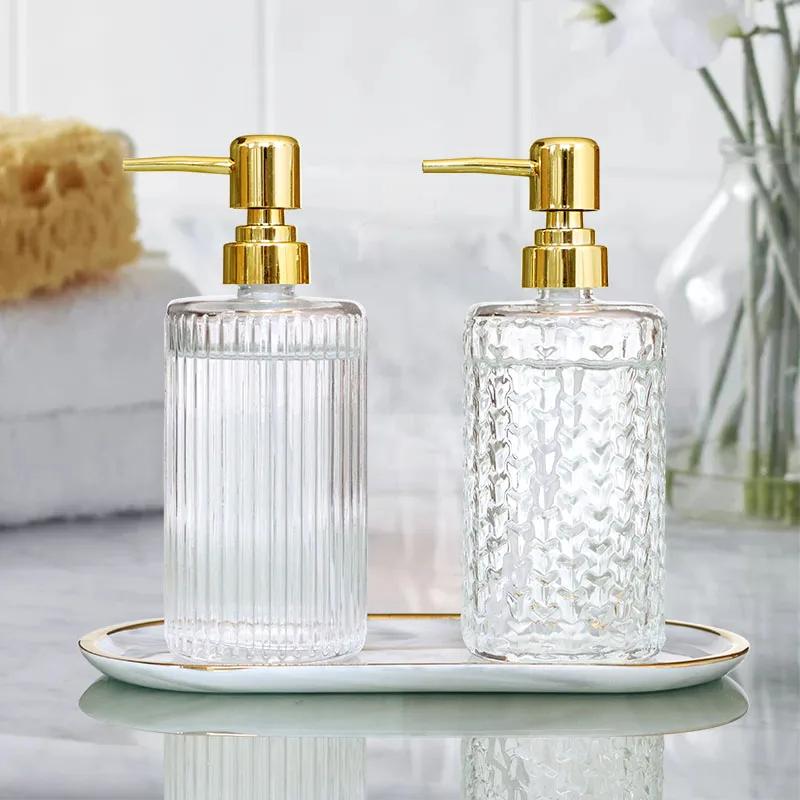 400ml Glass Lotion Bottle Hand Sanitizer Bottle Stripe Pump Head Push Gold Bathroom Body Soap and Soap Liquid Bathroom Storage