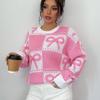Autumn and Winter New Sweet Christmas Pink Bow Knitted Sweater Loose Top Women's Clothing