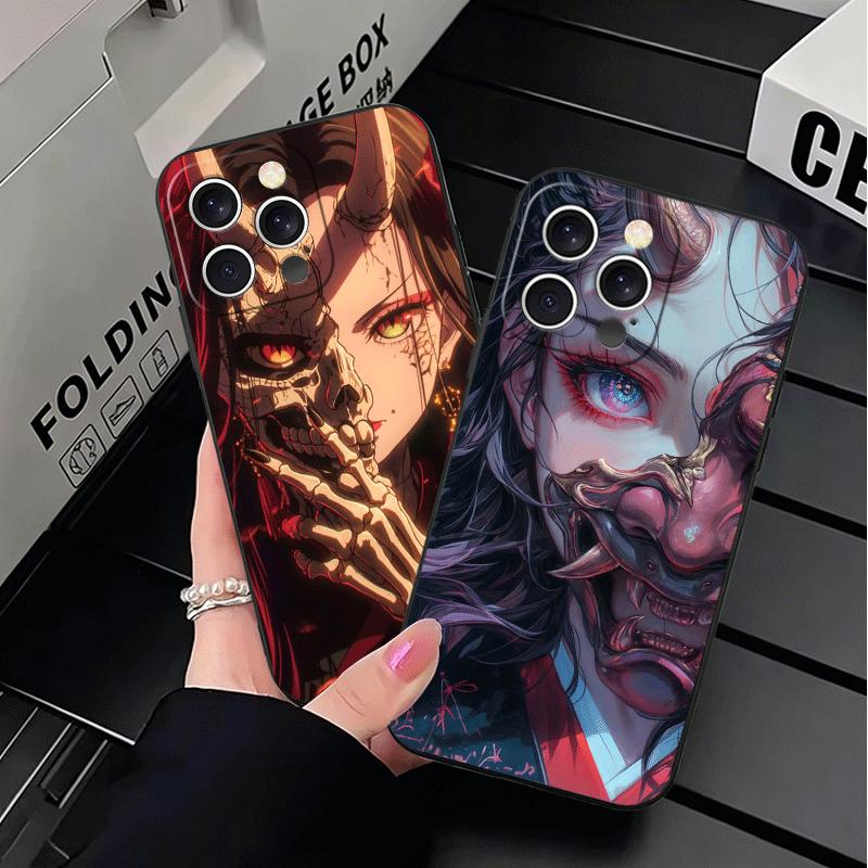 Japanese Oni Mask Girl Soft Phone Case for iPhone 16 16E 17 Air 15 Pro Max 14 Plus 13 Mini 11 12 7 Black Cover Back Shell