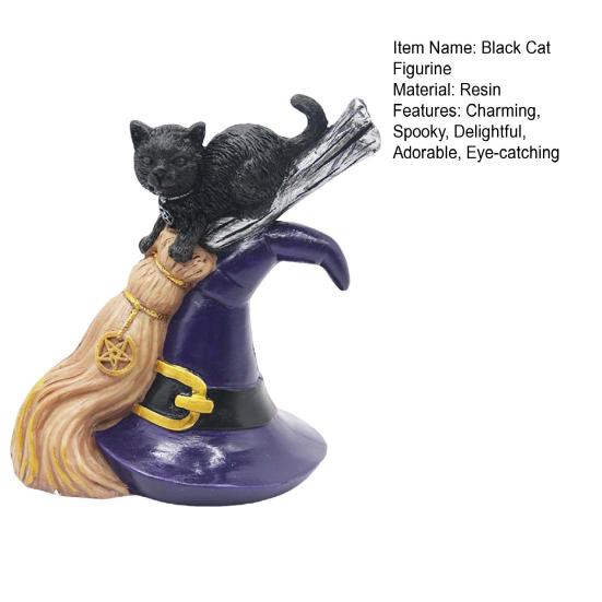 Halloween Black Cat Decoration Evil Black Cat on Magic Broom Resin Cat Statue with Hat Tabletop Ornament for Indoor Home Desktop Decor