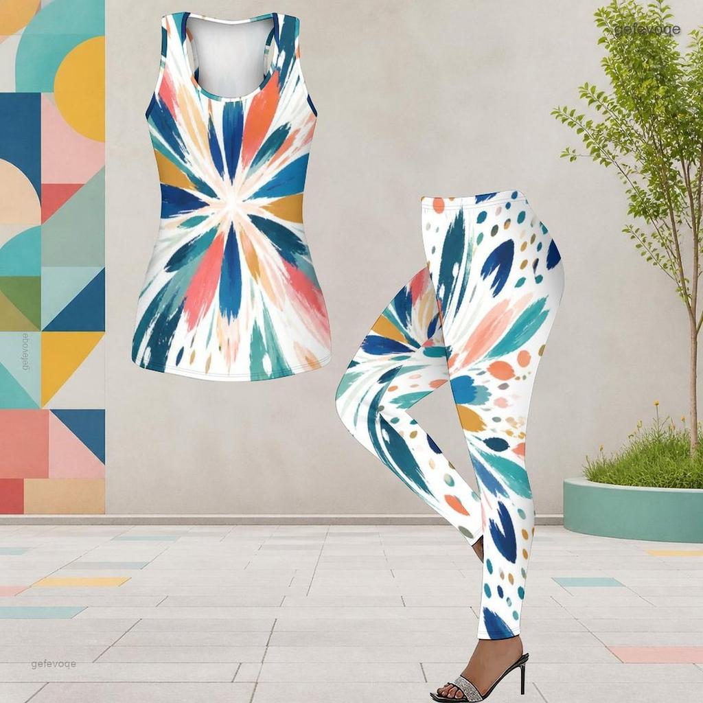 Women Plus Size Two Piece Set Scoop Neck Sleeveless Black Red Pink Printed Longline Tank Top Fitted Pants