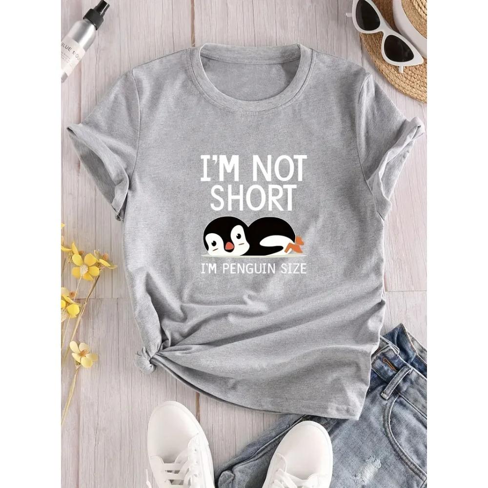 Ich bin nicht klein, ich bin Pinguin-Größe T-Shirt mit Buchstaben- und Tierprint Rundhals Kurzarm T-Shirt Lässige Alltags Oberteile Hemden für Damen