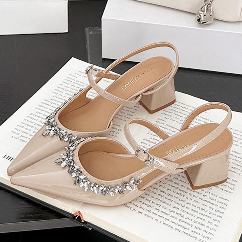 High Quality Rhinestone Pointed Toe High Heel Sandals Women Buckle Back Strap Hoof Heel Designer Shoes Fashion Classy Dress Shoe