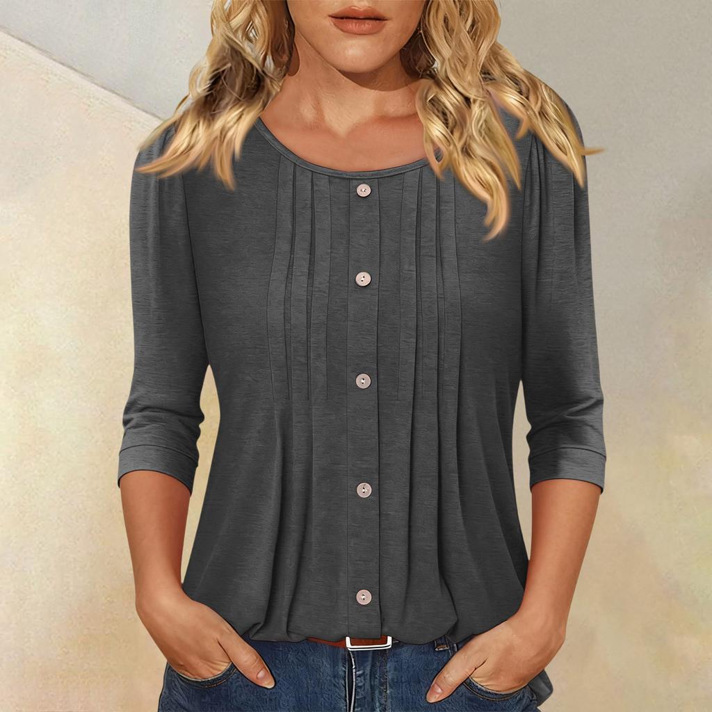 Women's Fashionable Casual Three,quarter Sleeve Button Color Round Neck Top