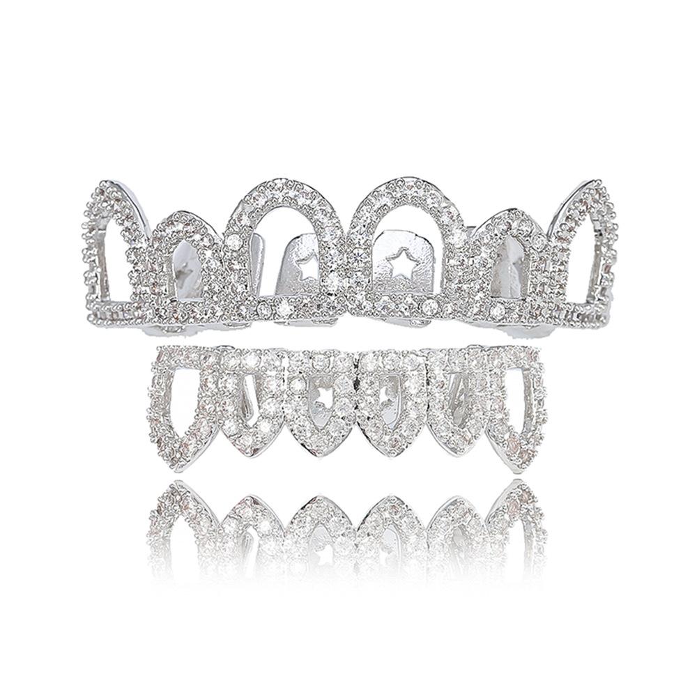 Halloween Jewelry Gold Silver Metal Color Plating Brass and Bling Zircon Hollow Out Six Piece Teeth Hip Hop Grillz
