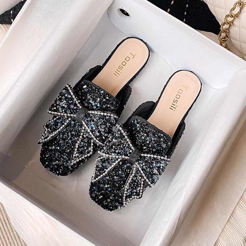 Baotou half slippers women's summer wear new bow-tie rhinestone cool slippers flat-soled single shoes half-tray shoes