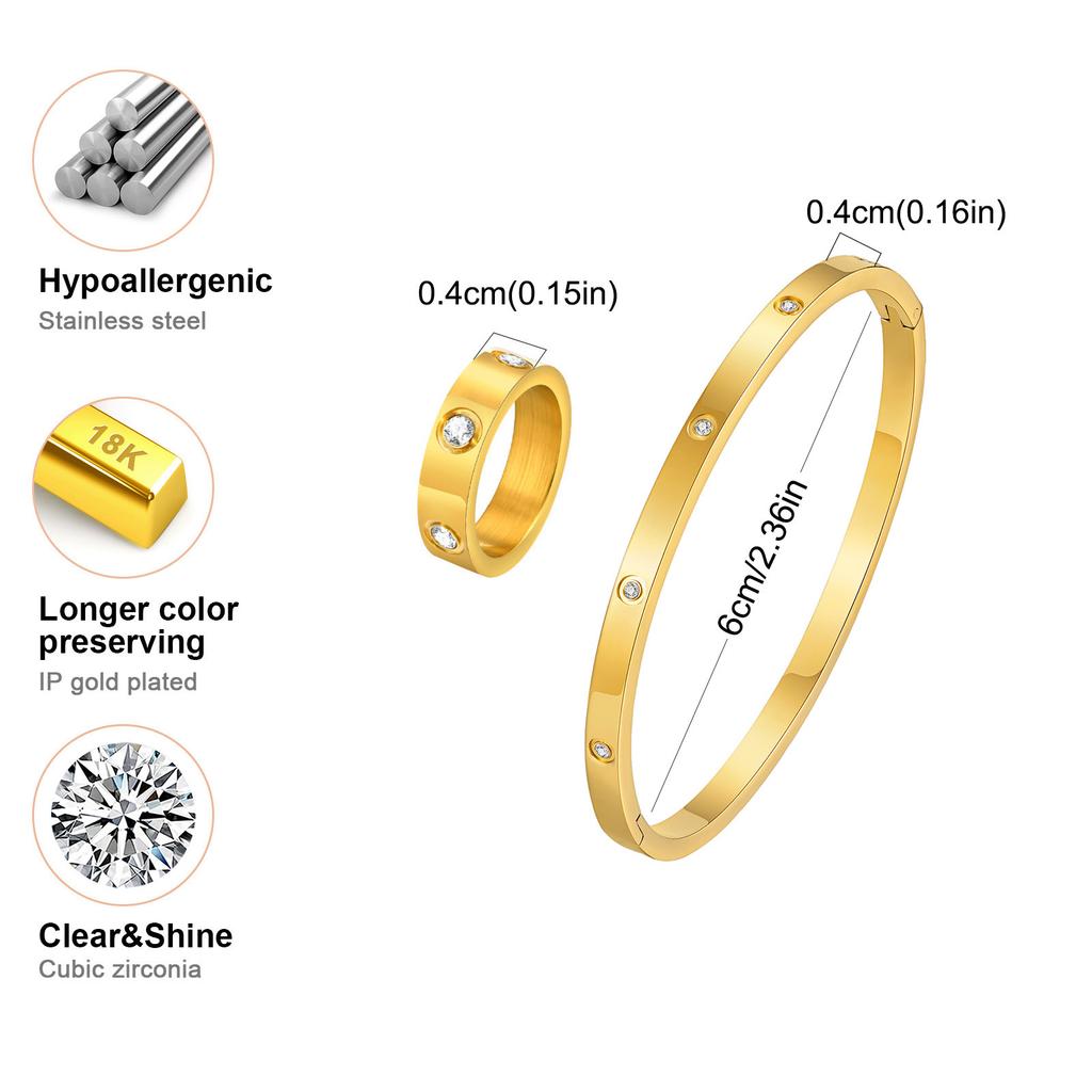 Vnox Luxury Love Ring Bracelets Gift for Women, Heart CZ Stone Inlay Gold Plated Stainless Steel Cuff Bangles, Mothers Day Gift
