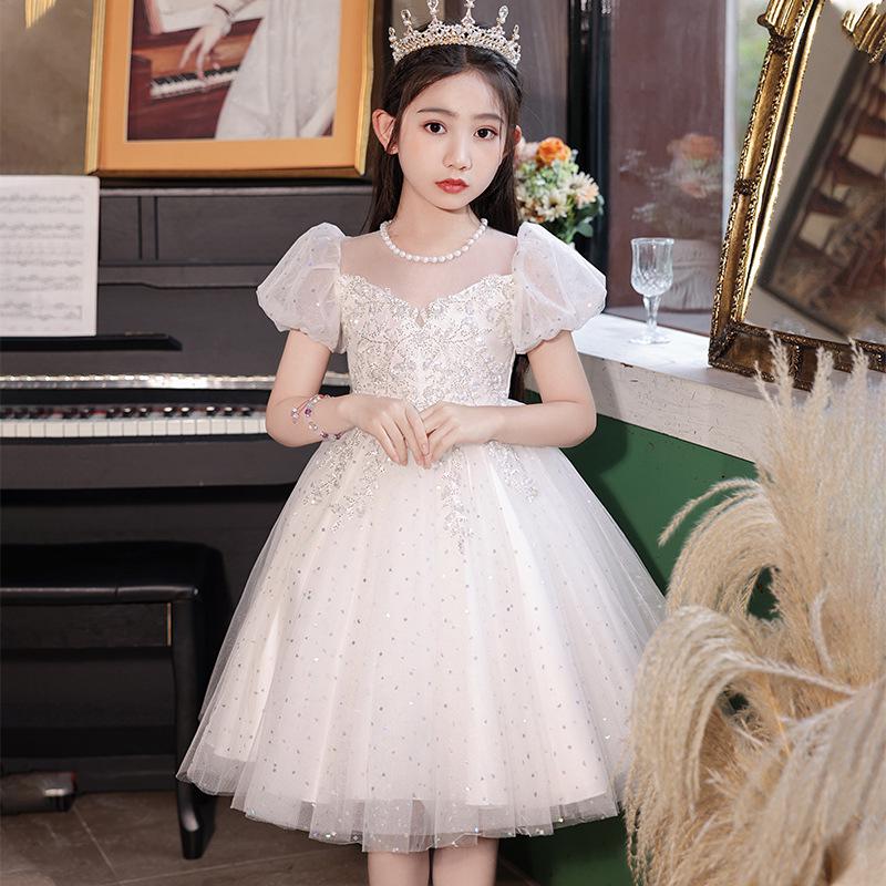 Girls' White Flower Girl Wedding and Performance Dress