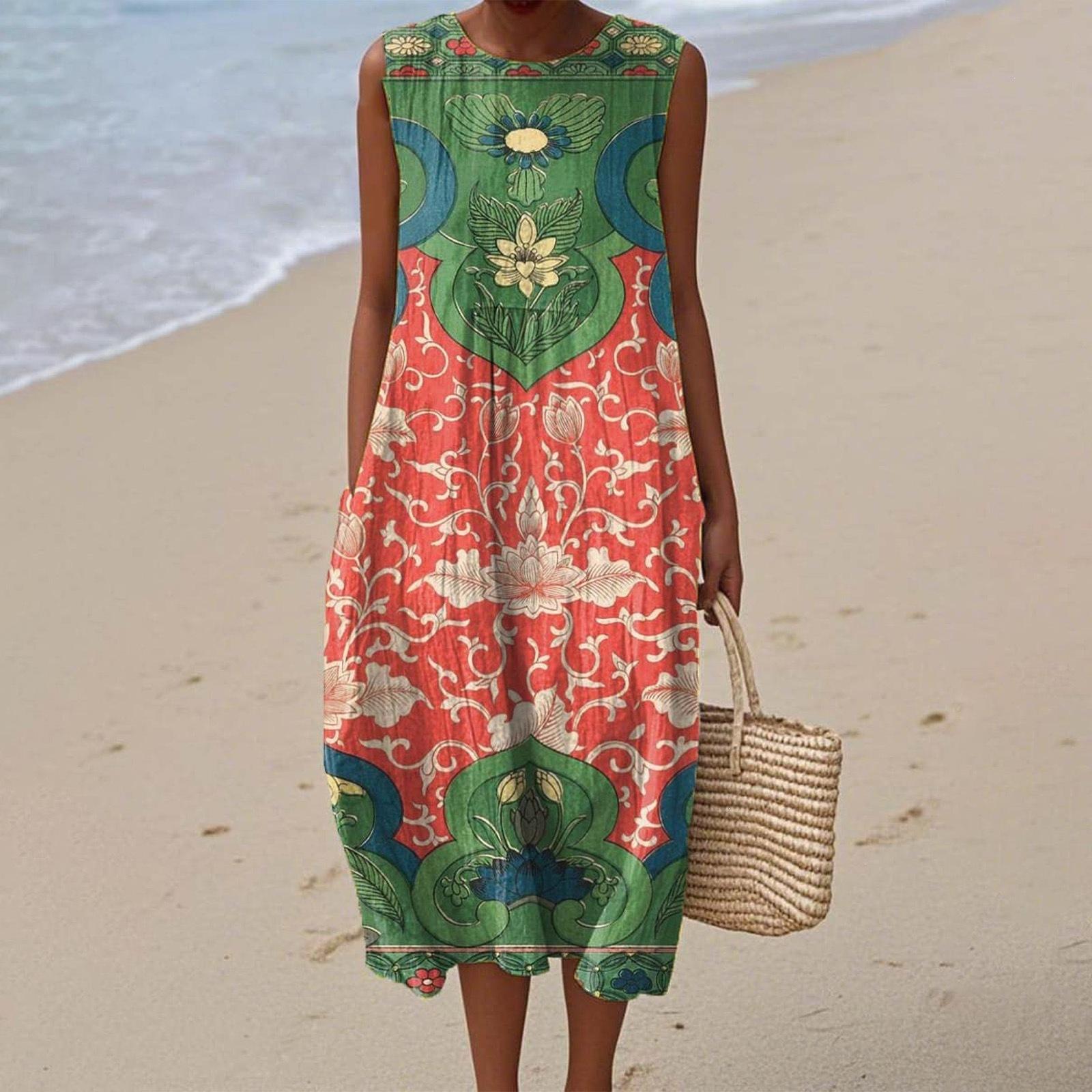 2026 Sleeveless Shirt Dress Women s Casual Floral 3D Printed Sleeve Long Dress Vacation Style S