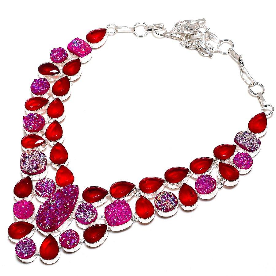 Pink Titanium Druzy, Garnet 925 Sterling Silver Jewelry Necklace 18" SU-9802